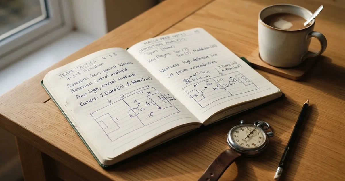 An open notebook with a pencil and a stopwatch on a wooden table