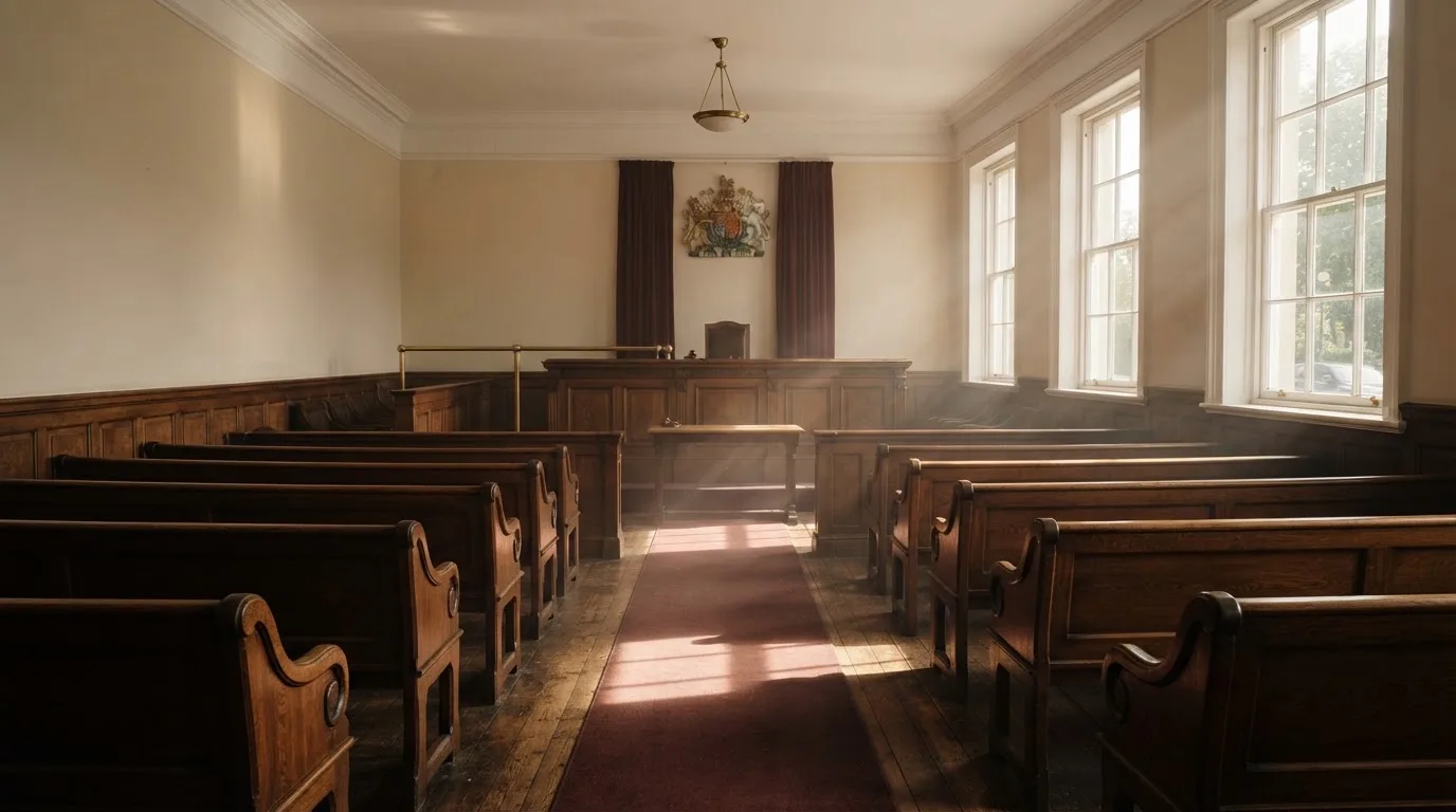 An empty courtroom with wooden benches in morning light