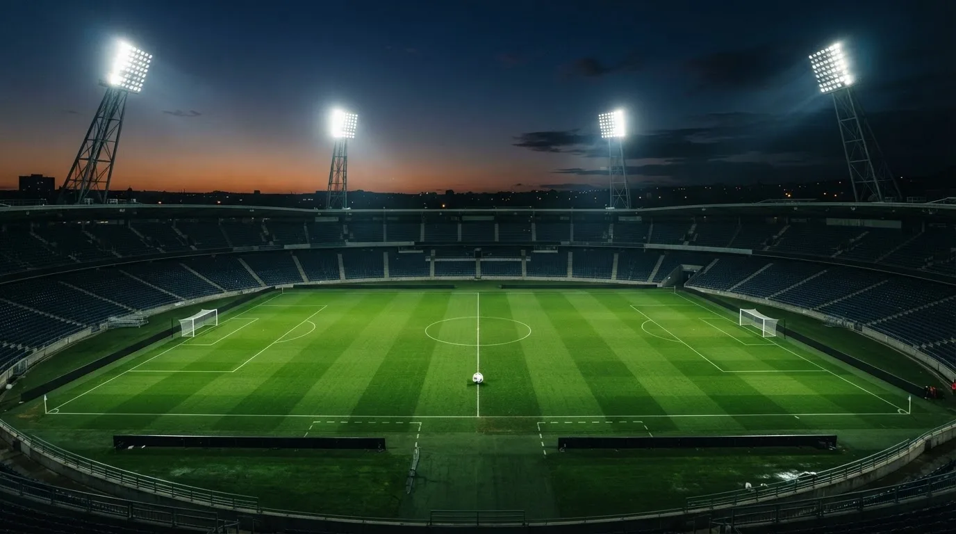 An empty football stadium with floodlight masts at dusk