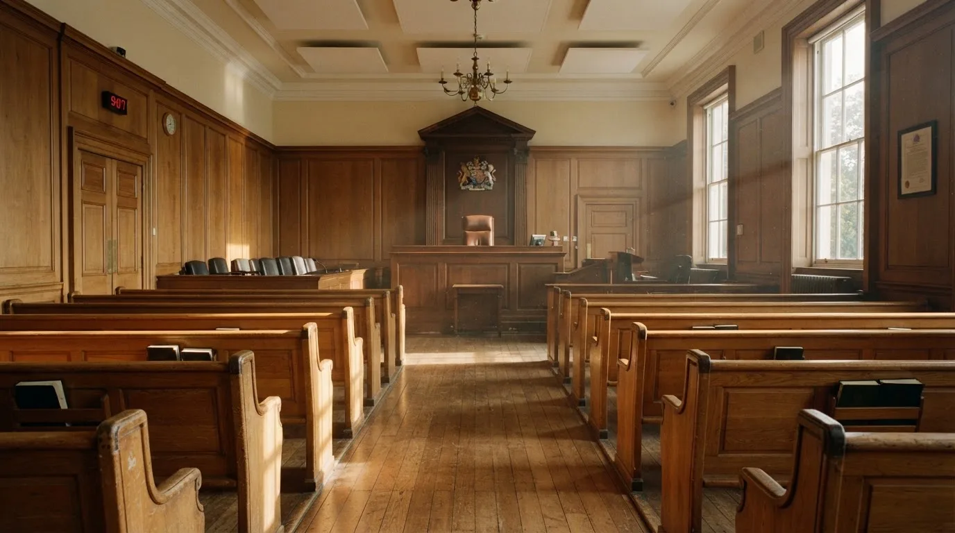 An empty courtroom with wooden benches in morning light