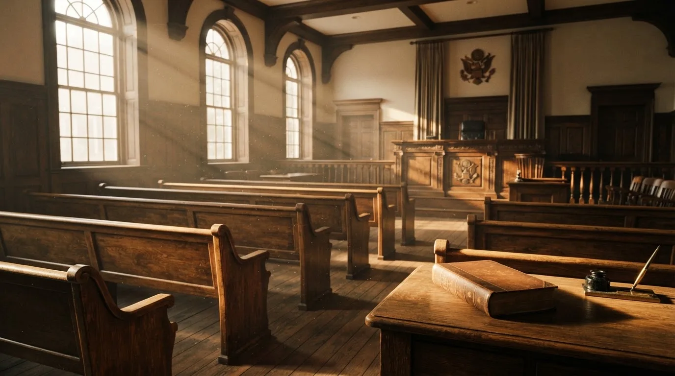 An empty courtroom with wooden benches in morning light