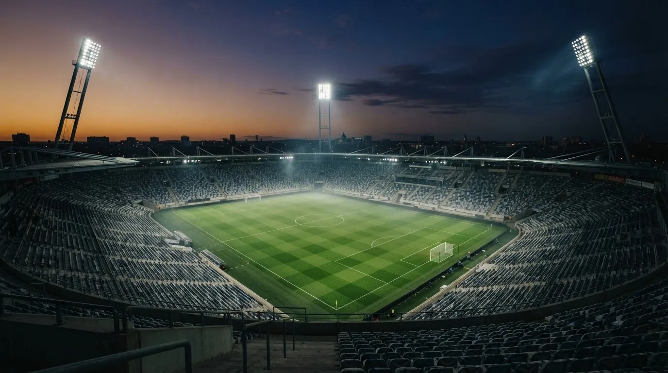 An empty football stadium with floodlight masts at dusk