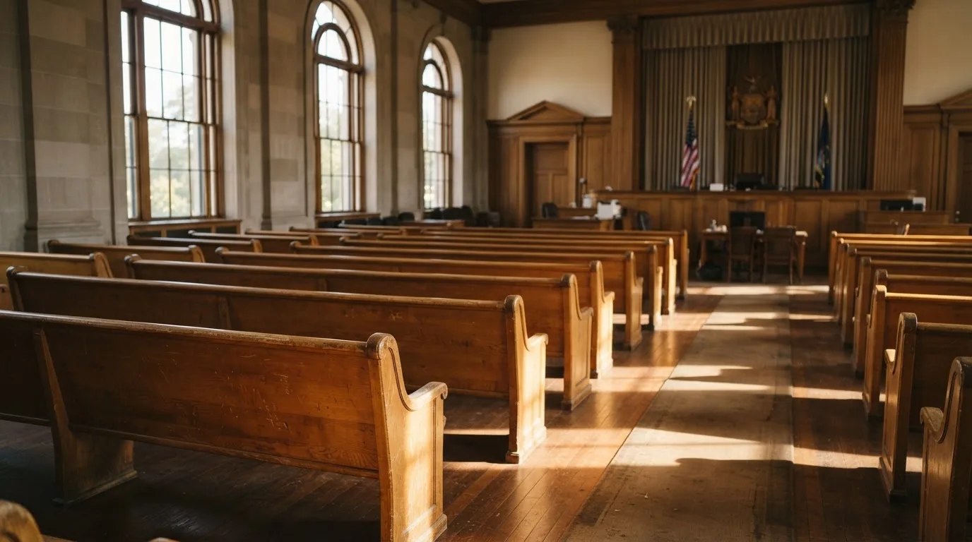 An empty courtroom with wooden benches in morning light