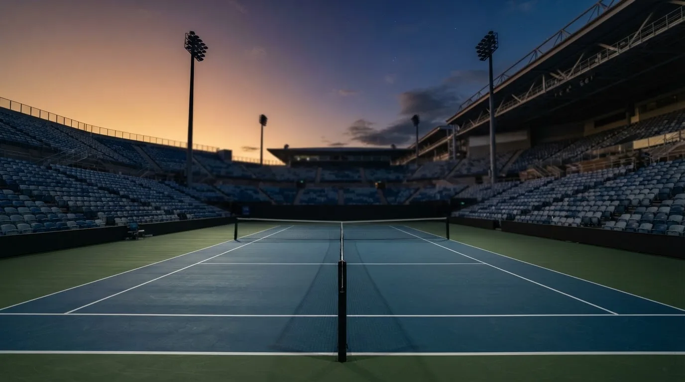 An empty football stadium with floodlight masts at dusk
