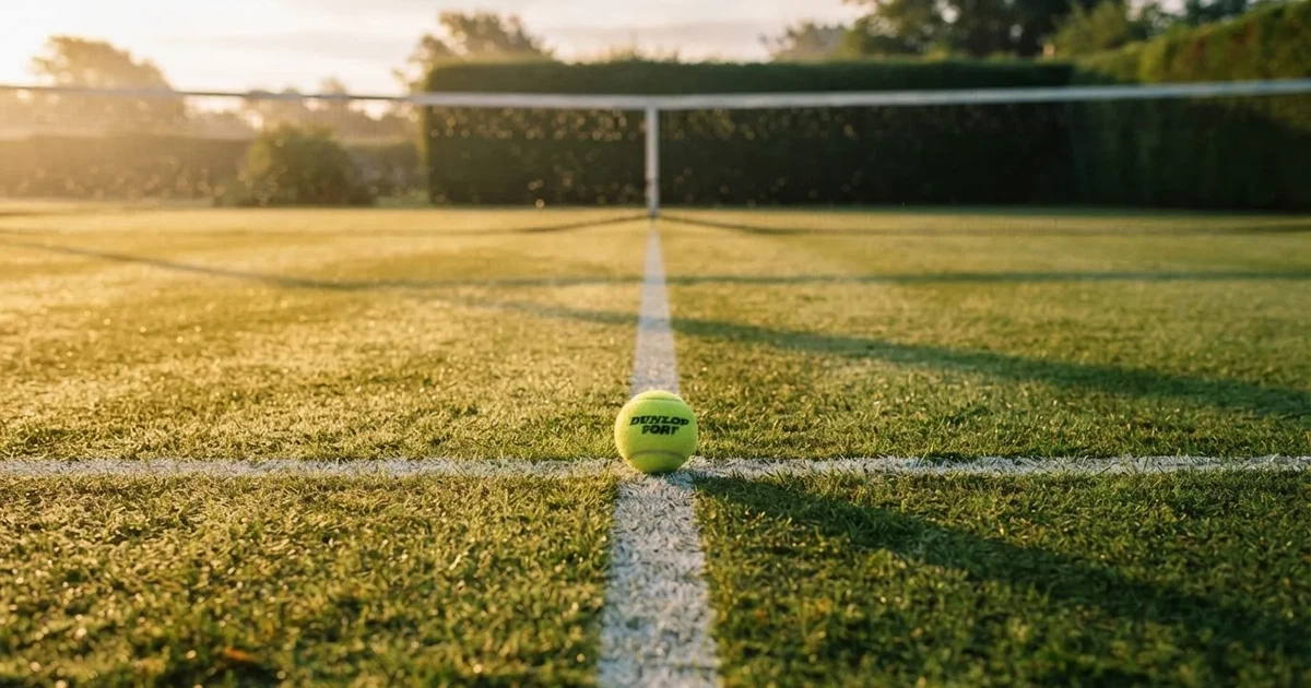 A ball on the centre spot of a grass pitch in morning light