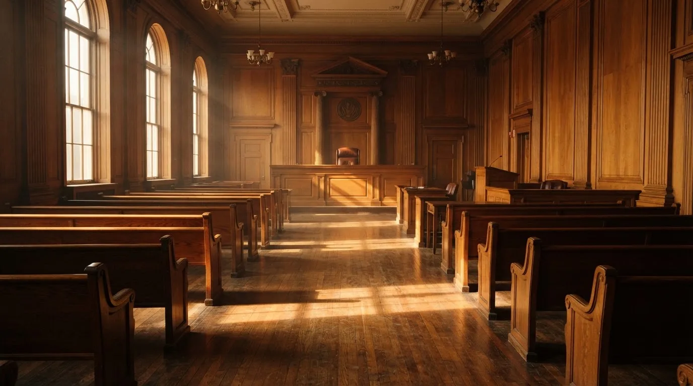An empty courtroom with wooden benches in morning light