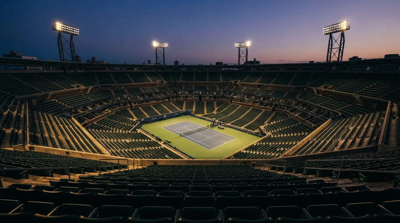 An empty football stadium with floodlight masts at dusk