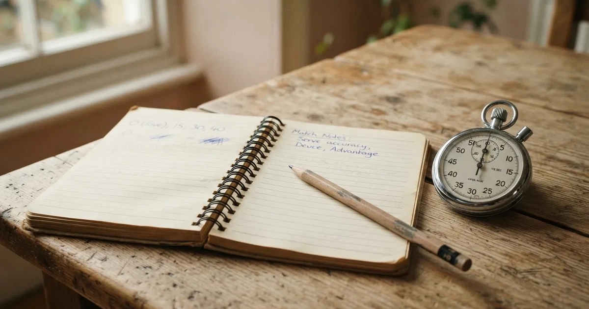 An open notebook with a pencil and a stopwatch on a wooden table