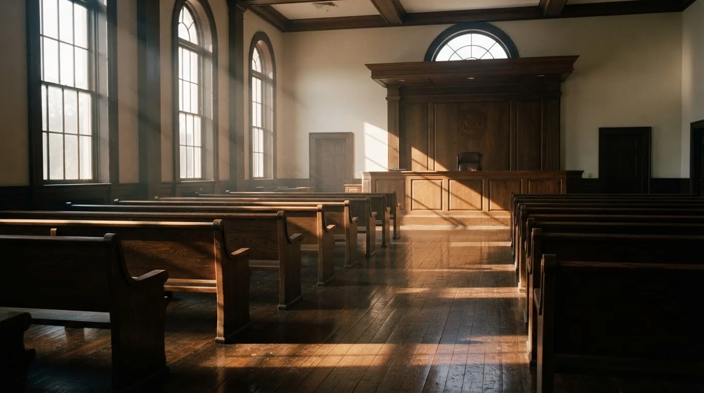 An empty courtroom with wooden benches in morning light
