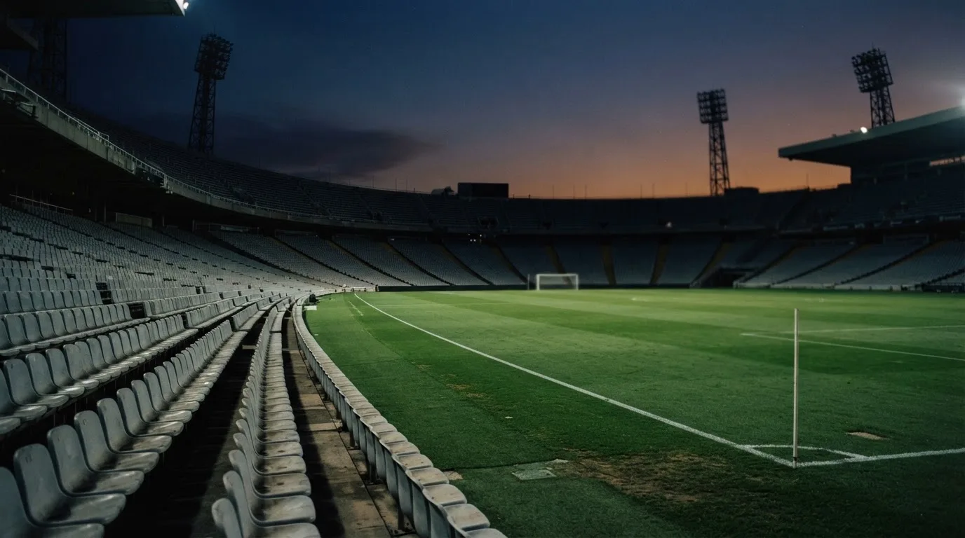 An empty football stadium with floodlight masts at dusk