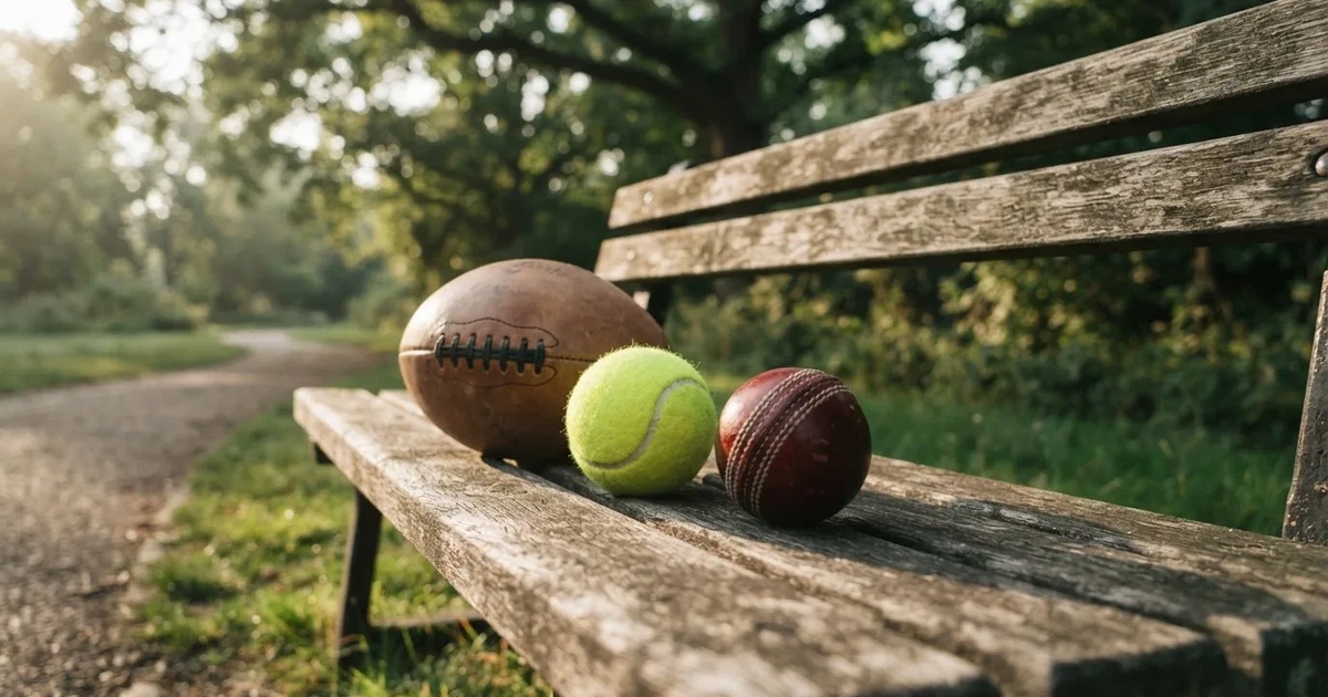 Three balls of different kinds side by side on a wooden bench