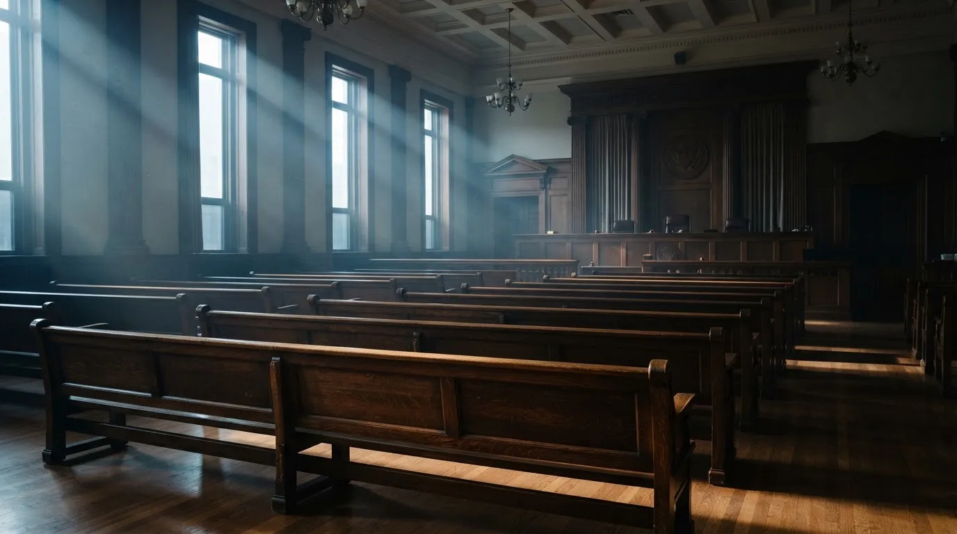An empty courtroom with wooden benches in morning light