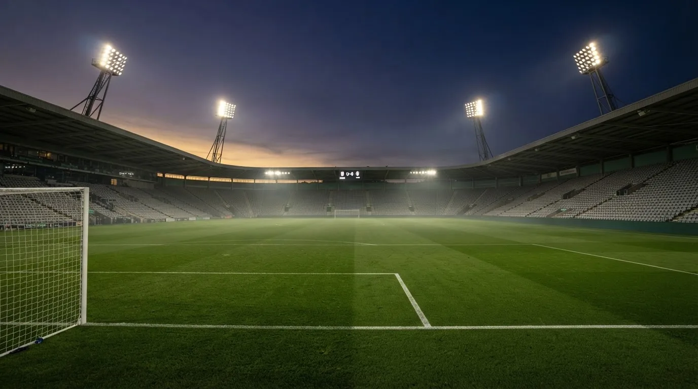 An empty football stadium with floodlight masts at dusk
