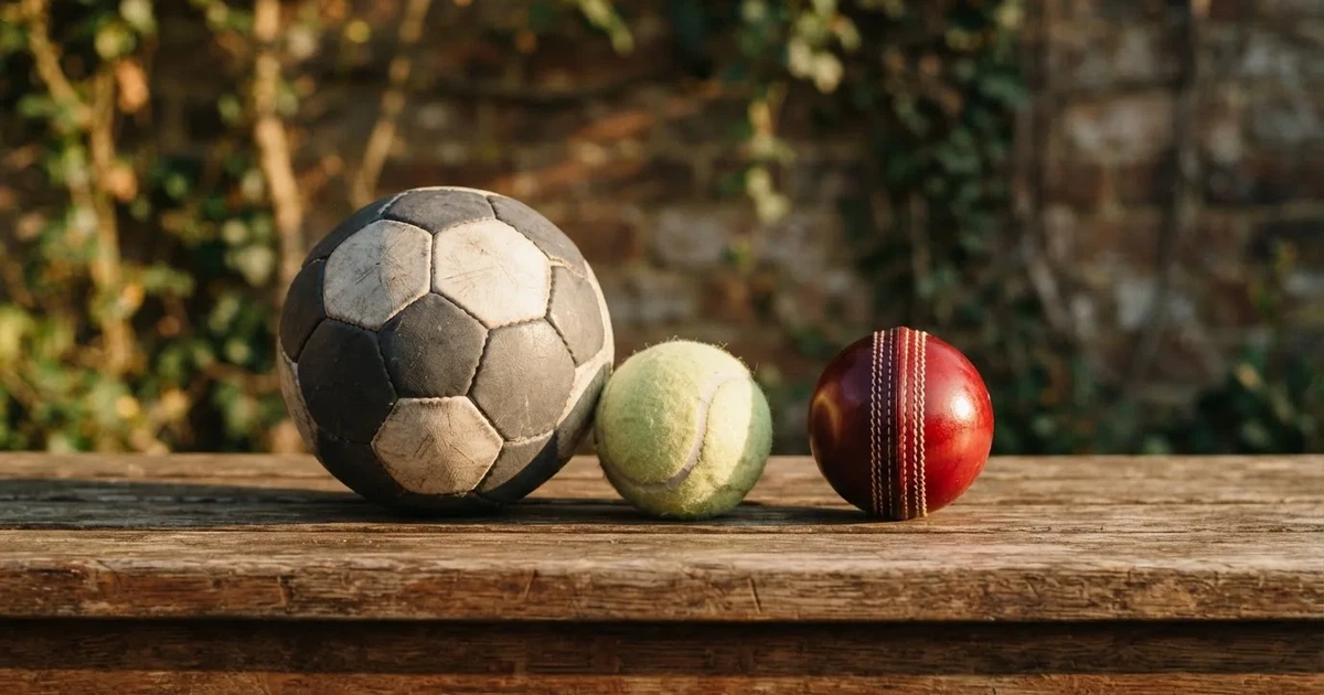 Three balls of different kinds side by side on a wooden bench