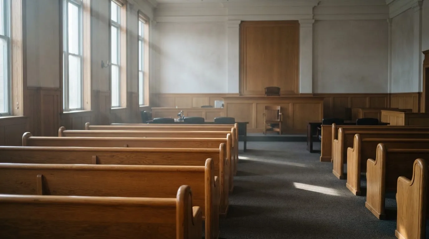 An empty courtroom with wooden benches in morning light