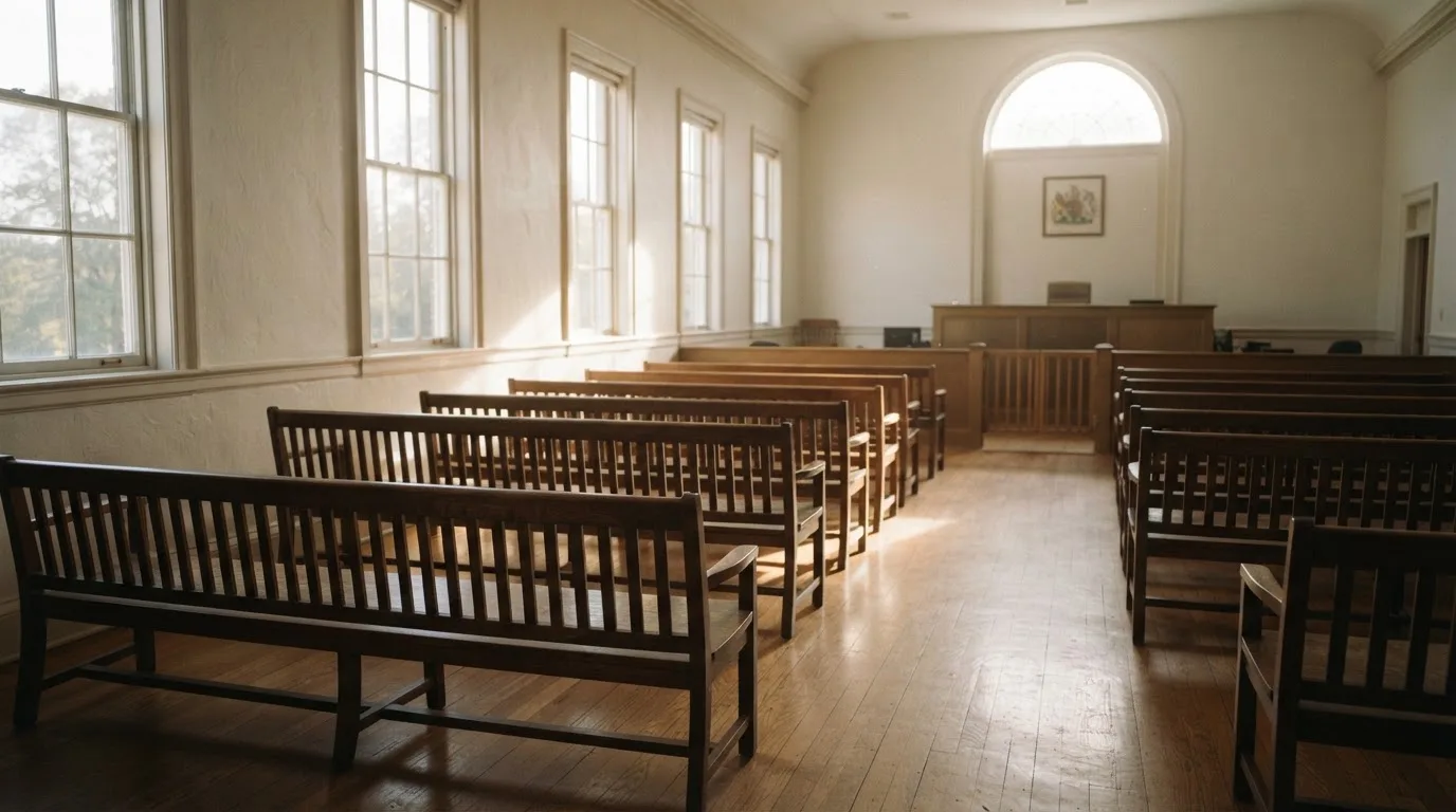 An empty courtroom with wooden benches in morning light