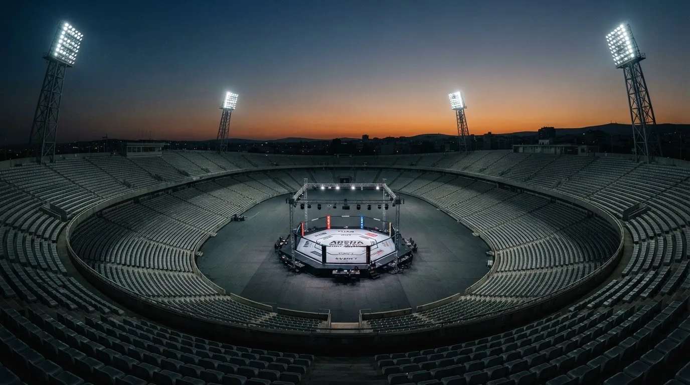 An empty football stadium with floodlight masts at dusk