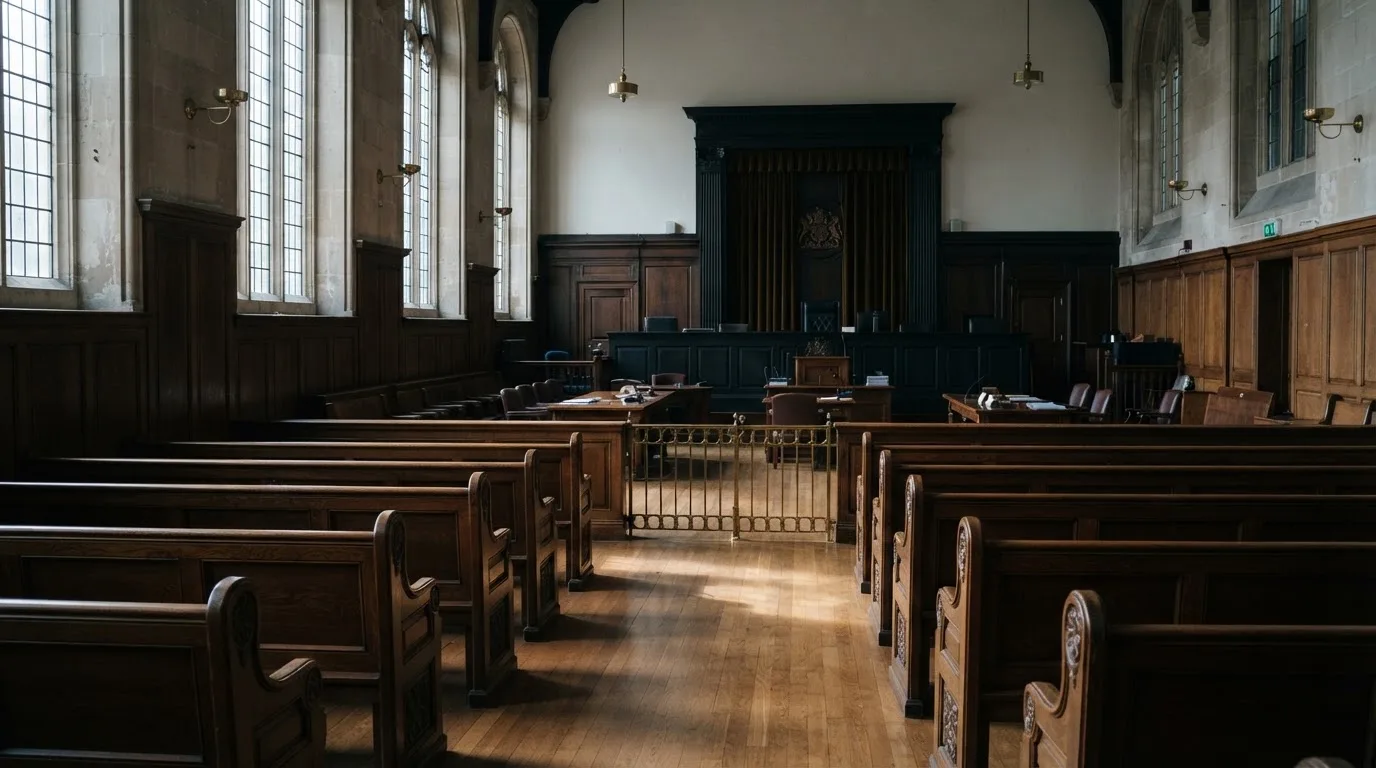 An empty courtroom with wooden benches in morning light