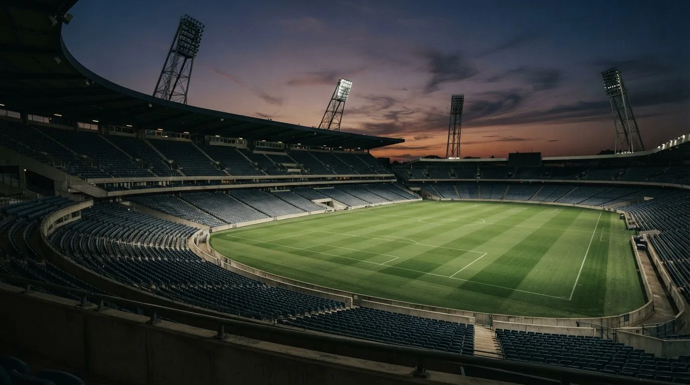 An empty football stadium with floodlight masts at dusk