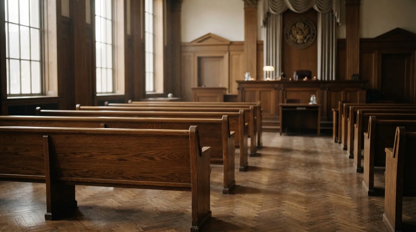 An empty courtroom with wooden benches in morning light