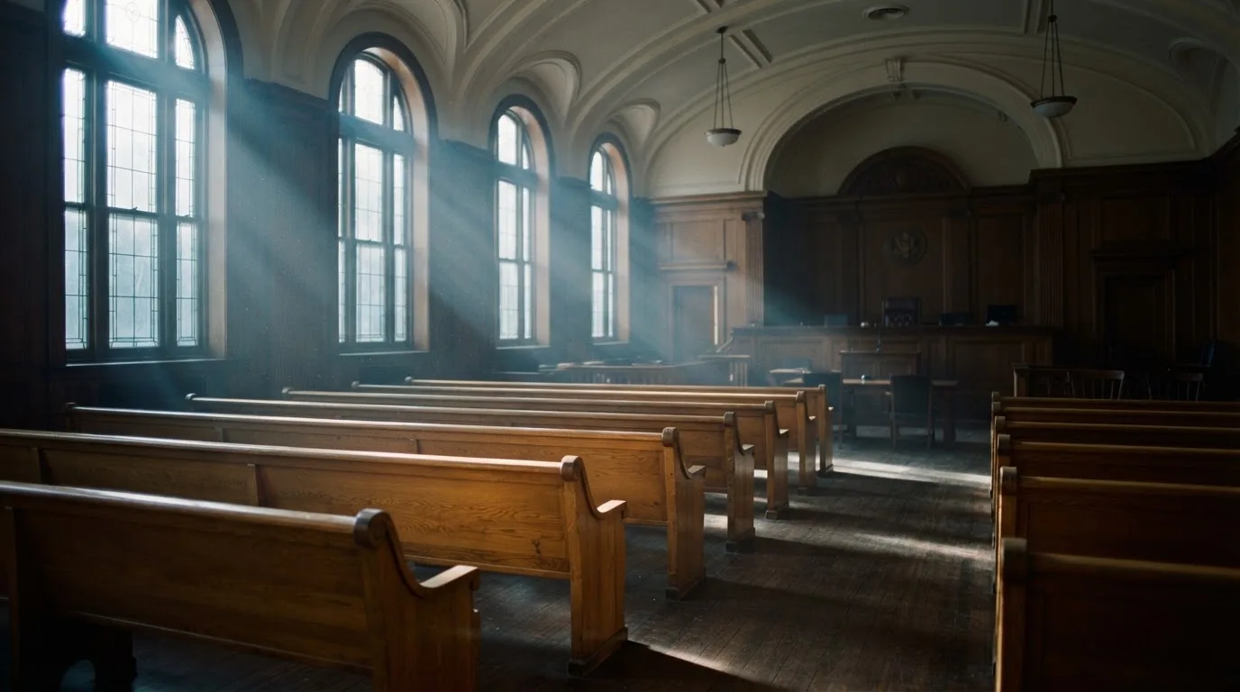 An empty courtroom with wooden benches in morning light