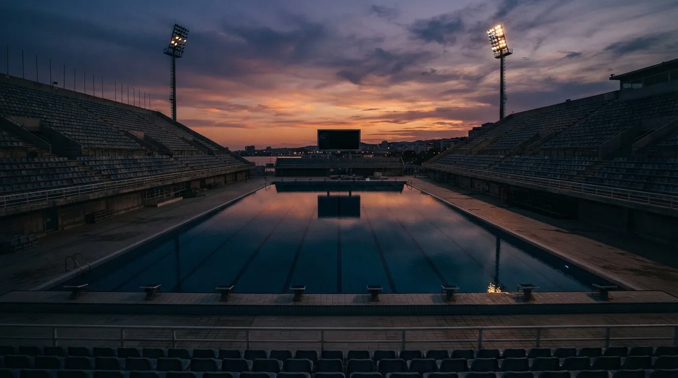 An empty football stadium with floodlight masts at dusk
