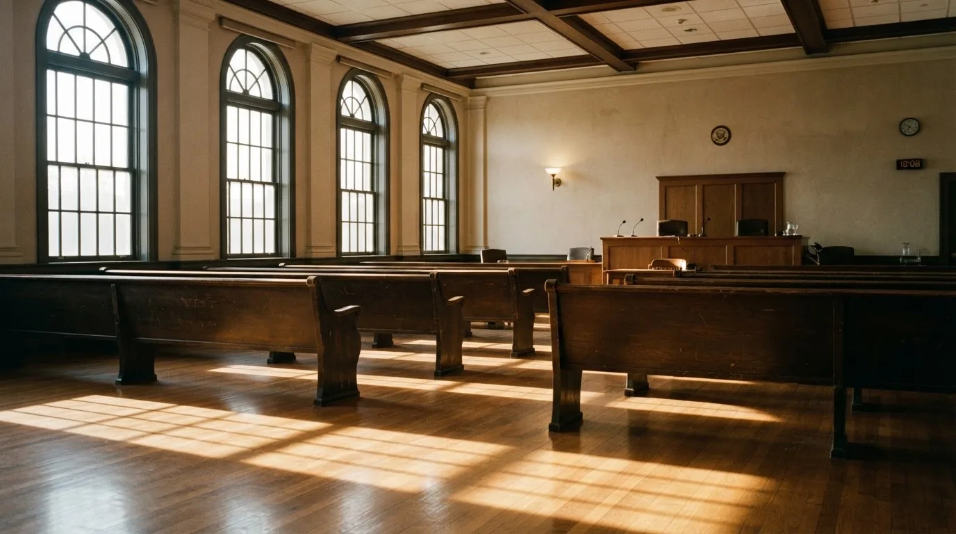 An empty courtroom with wooden benches in morning light