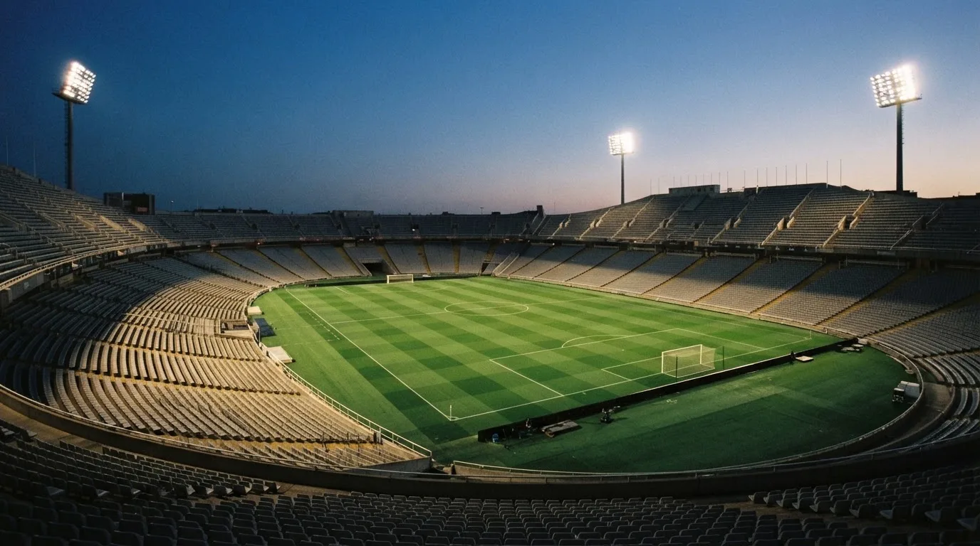 An empty football stadium with floodlight masts at dusk
