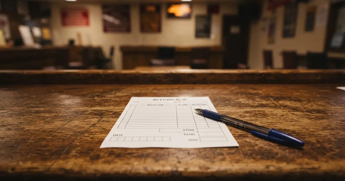 A blank paper betting slip beside a pen on a wooden counter