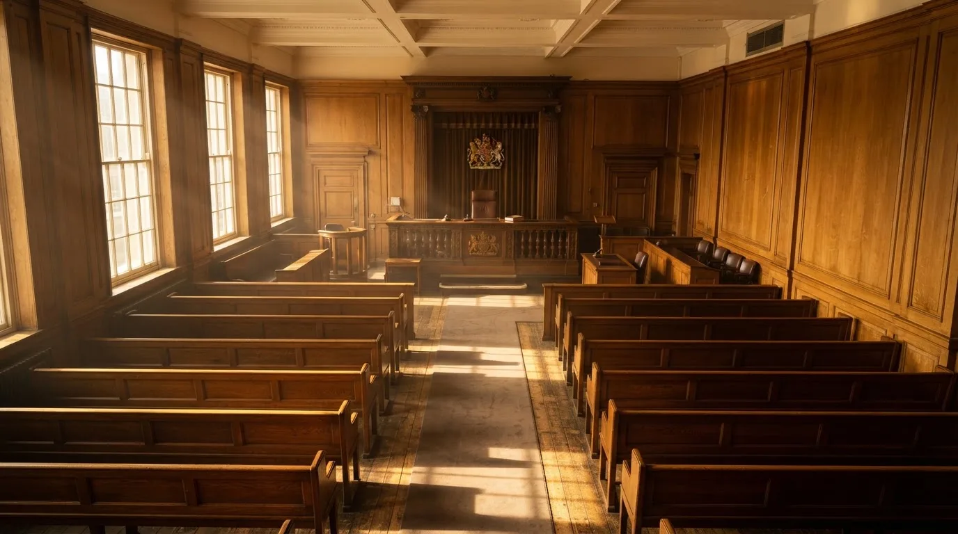 An empty courtroom with wooden benches in morning light