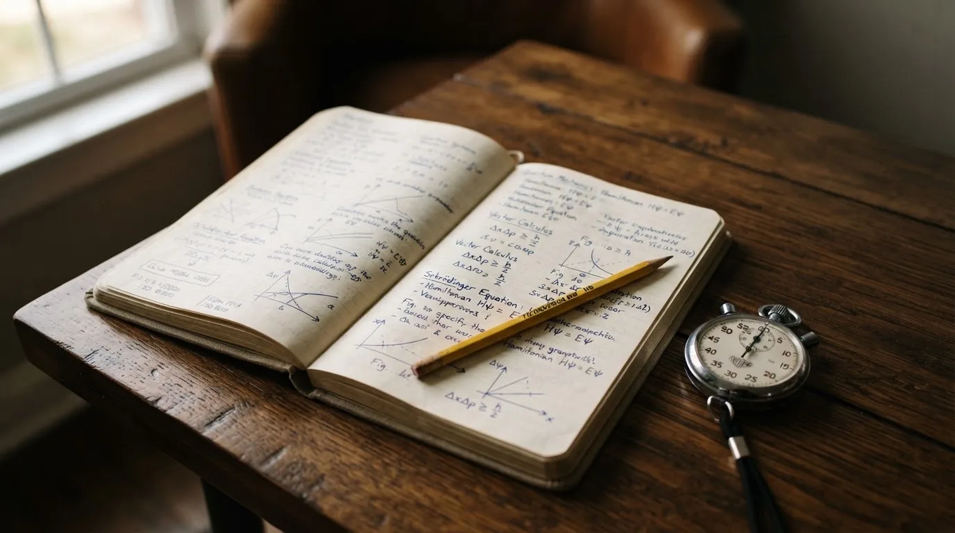 An open notebook with a pencil and a stopwatch on a wooden table