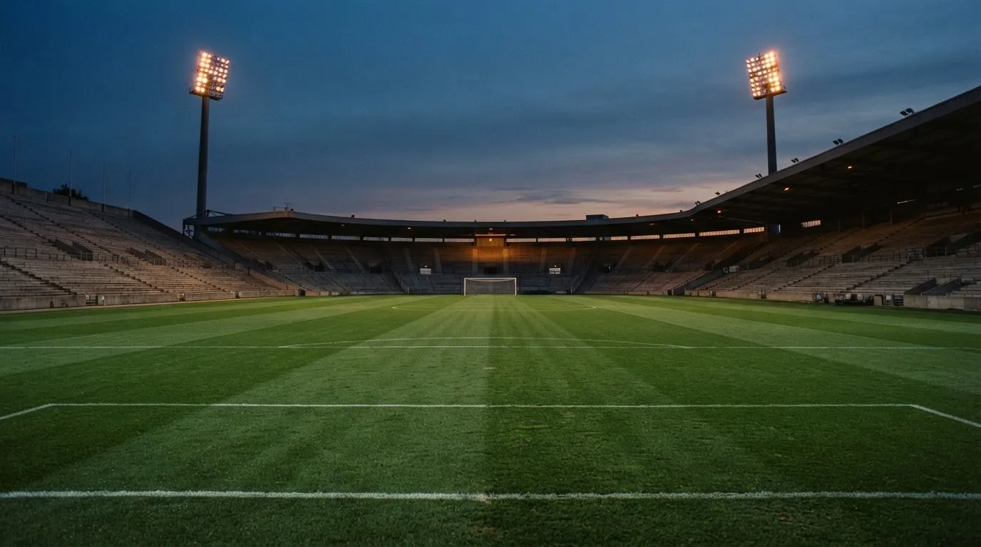 An empty football stadium with floodlight masts at dusk