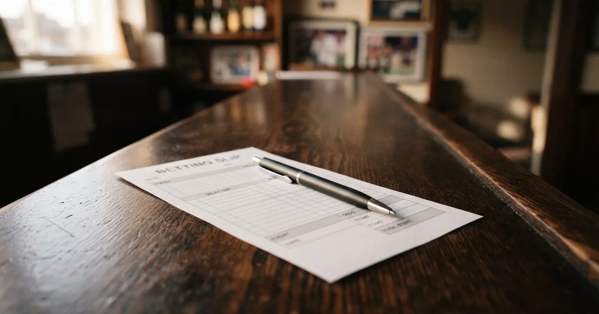 A blank paper betting slip beside a pen on a wooden counter