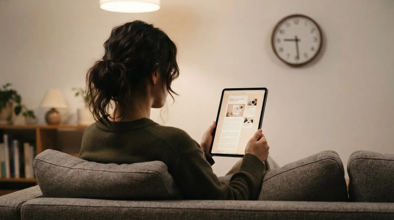 A person on a sofa looking thoughtfully at a tablet, a wall clock in the background