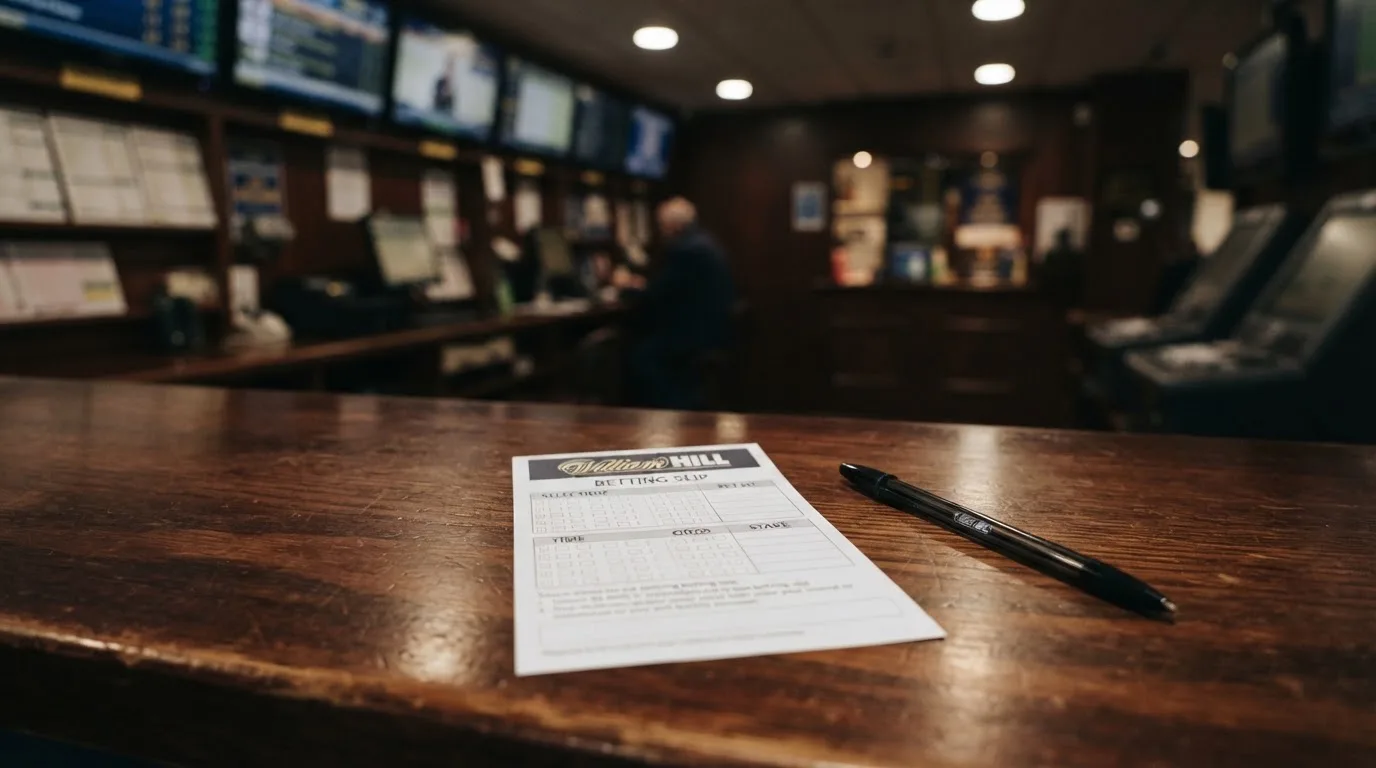 A blank paper betting slip beside a pen on a wooden counter