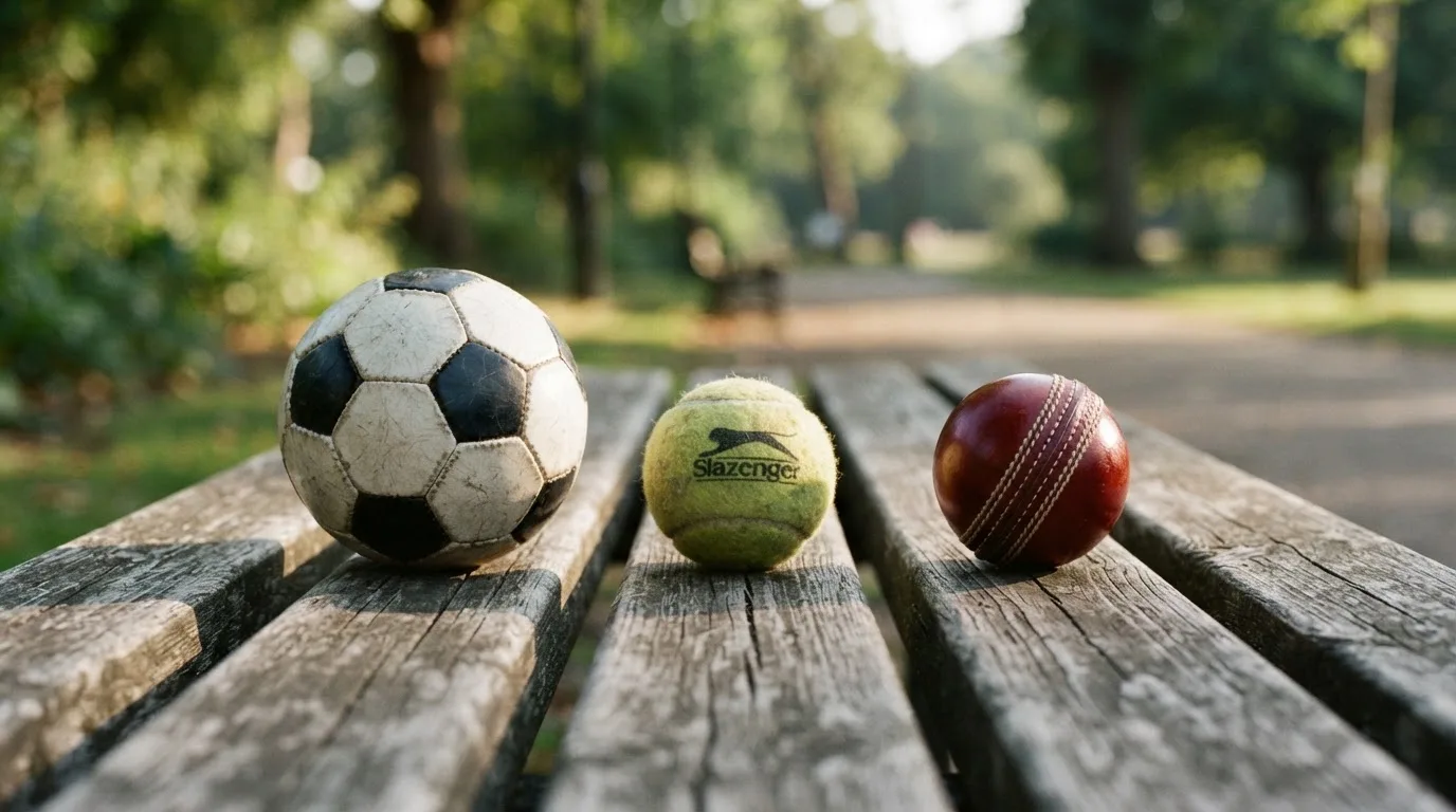 Three balls of different kinds side by side on a wooden bench