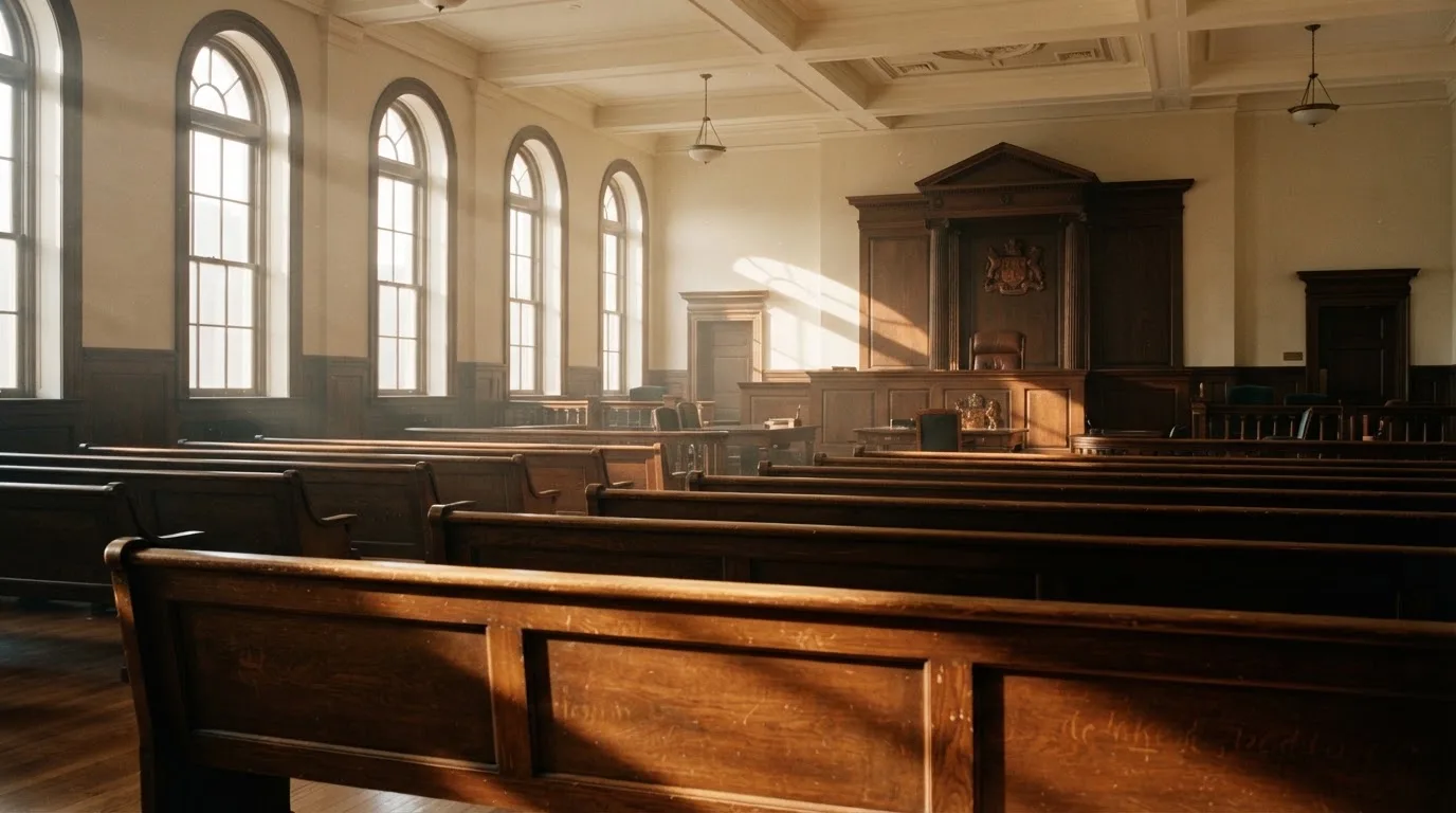 An empty courtroom with wooden benches in morning light