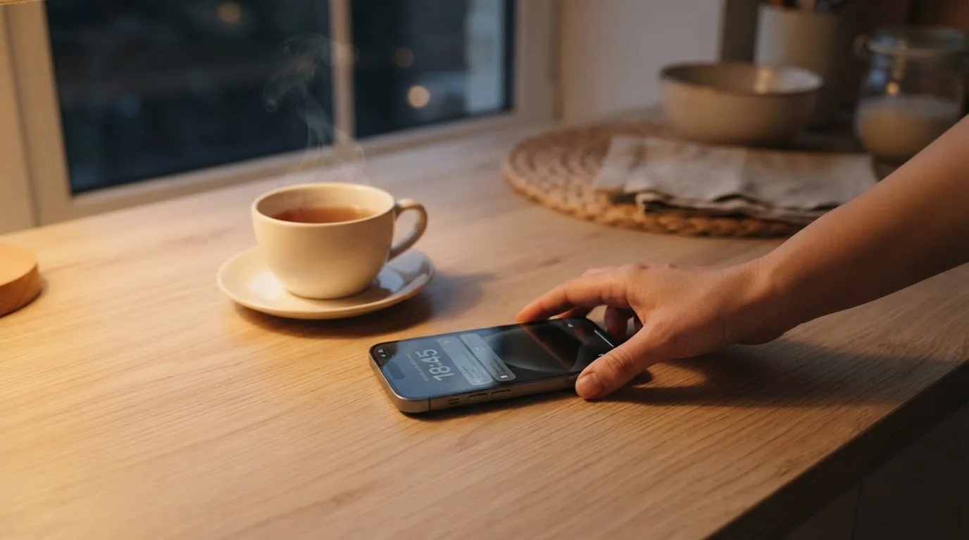 A hand setting a smartphone down beside a cup of tea on a kitchen table on a quiet evening