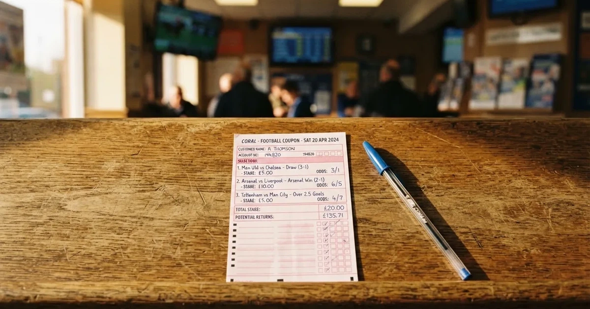 A blank paper betting slip beside a pen on a wooden counter