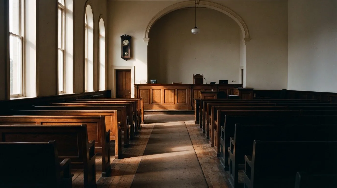 An empty courtroom with wooden benches in morning light