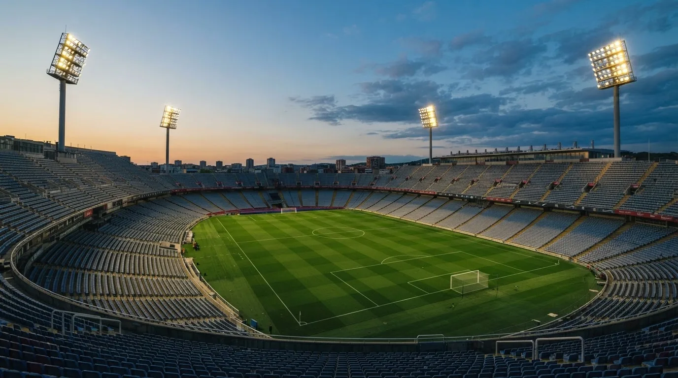 An empty football stadium with floodlight masts at dusk