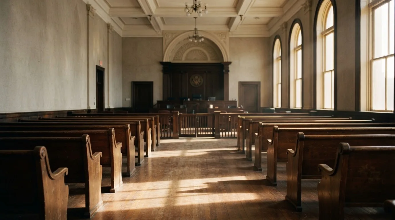An empty courtroom with wooden benches in morning light